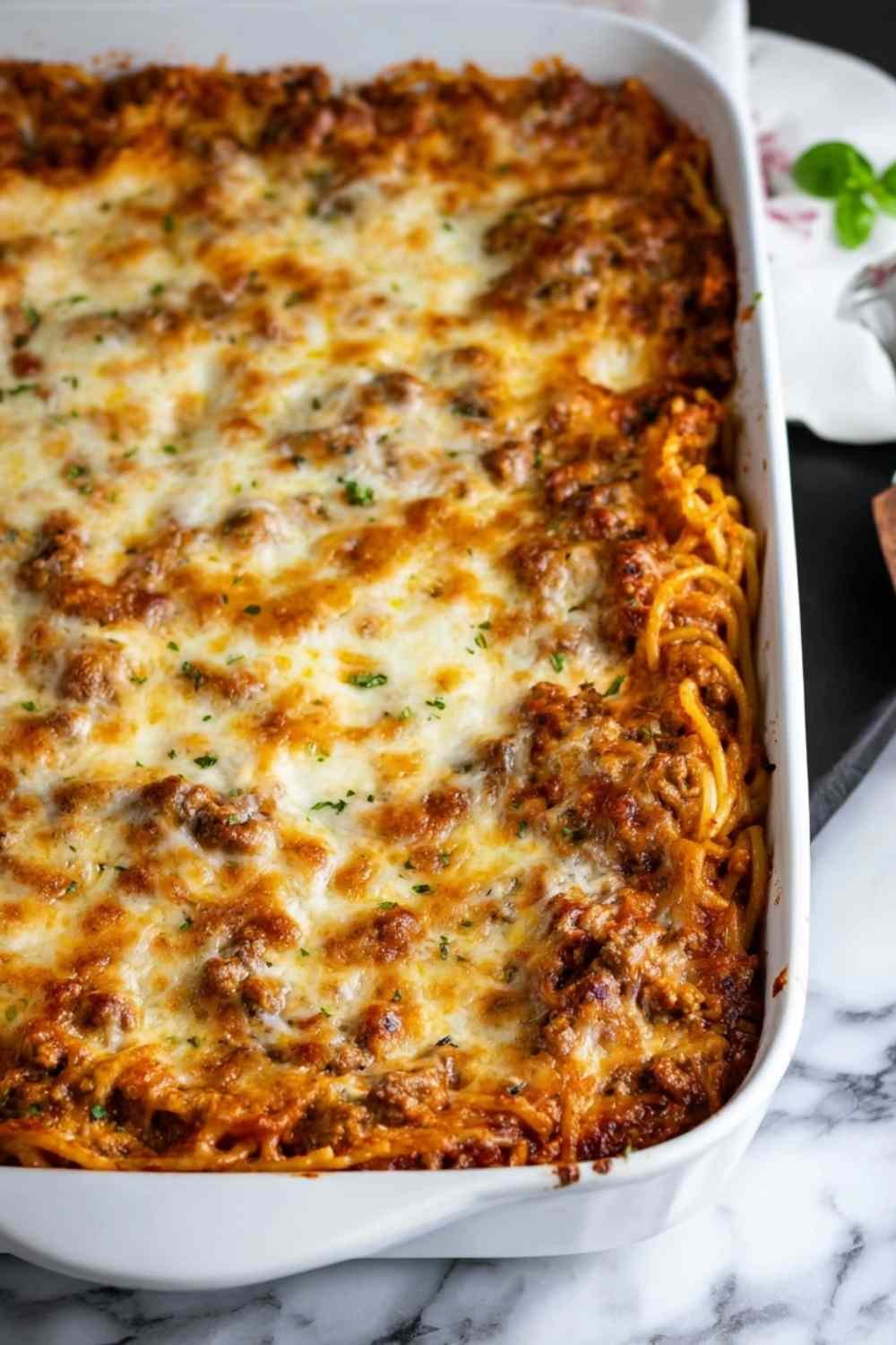Southern baked spaghetti casserole in 9x13 baking dish with golden melted mozzarella and herb-seasoned meat sauce