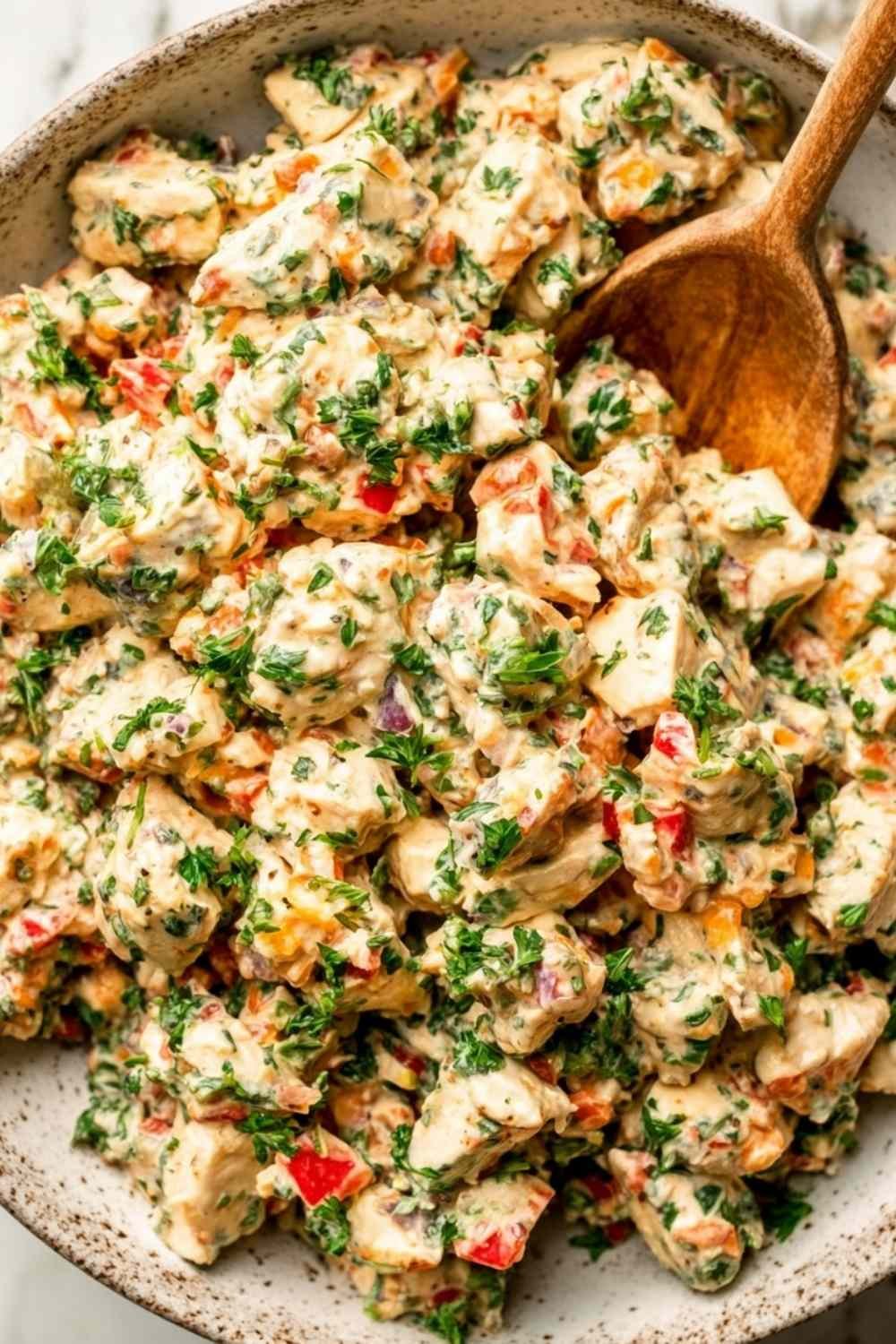 Bowl of spicy chicken salad with sriracha sauce, chopped scallions, red bell pepper, and fresh herbs on top