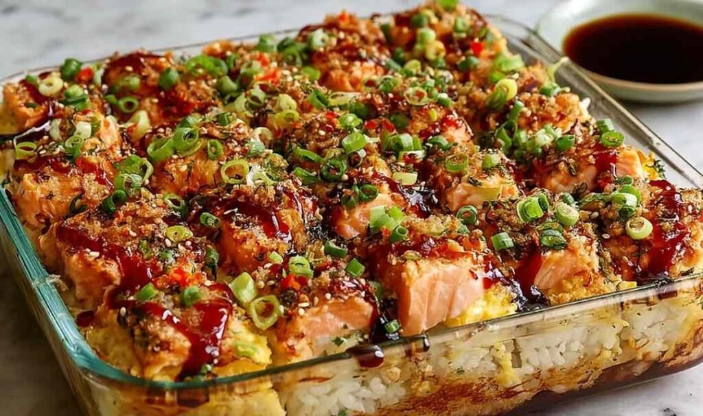 Spicy Salmon Sushi Bake in a 9x9 baking dish topped with avocado, cucumber, green onions, and drizzle of mayo and unagi sauce