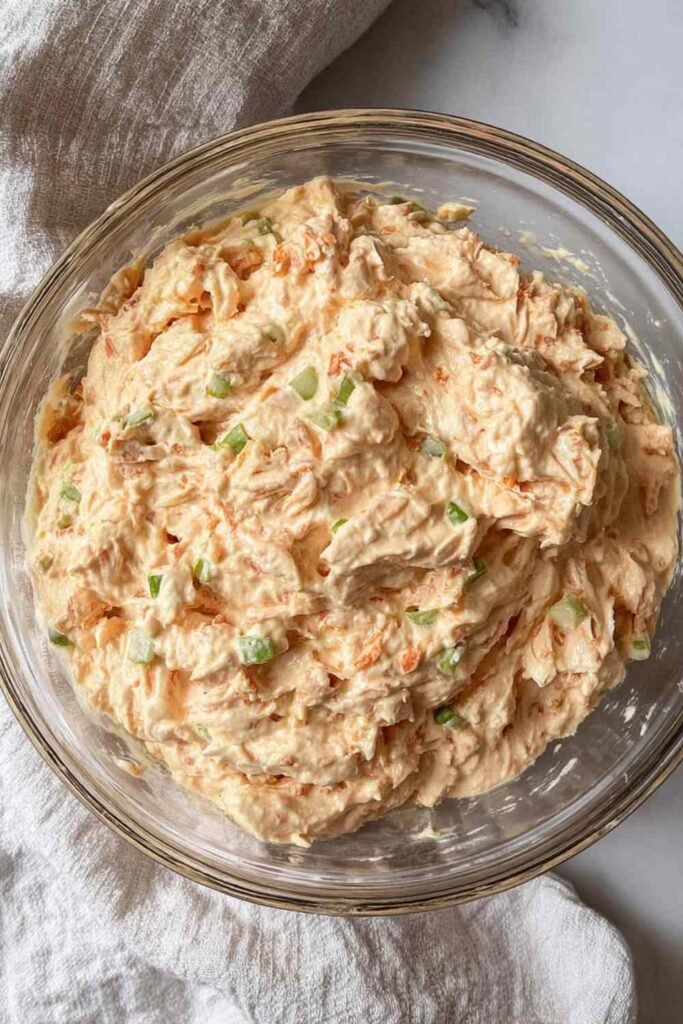 Buffalo tuna salad in a glass bowl with cottage cheese, celery, red onion, and Buffalo sauce ready to serve