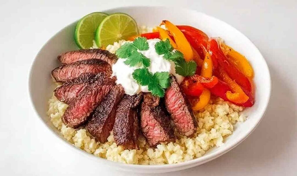 Steak Fajita Bowl with seared steak strips, caramelized peppers, avocado slices, sour cream, and fresh cilantro on a white bowl