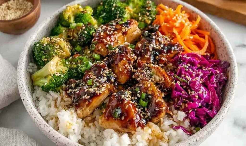 Sticky chicken bowls with glazed chicken thighs over jasmine rice and steamed broccoli garnished with sesame seeds and green onions