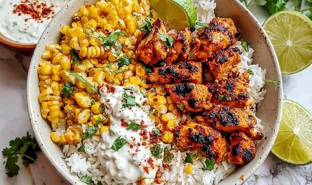 Street corn chicken rice bowl with grilled chicken, charred corn, black beans, cotija cheese and lime crema