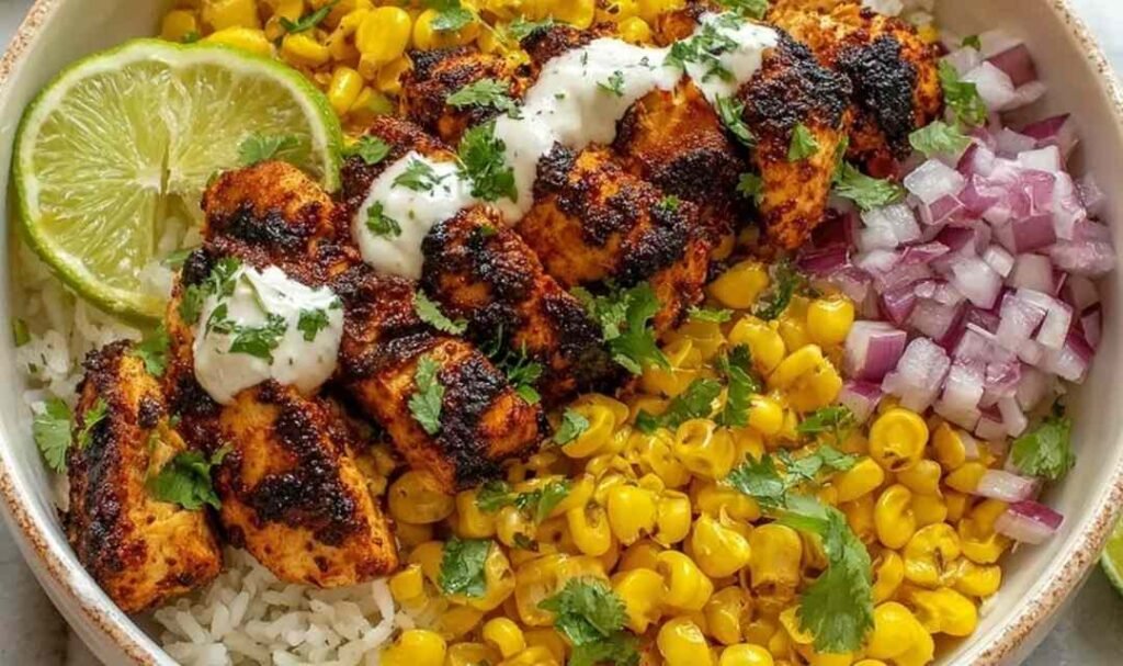 Street corn chicken rice bowl with charred corn, juicy chicken breast, diced avocado, Cotija cheese, and fresh cilantro over brown rice