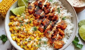 Street Corn Chicken Rice Bowl Street corn chicken rice bowl with grilled chicken, charred corn, black beans, cotija cheese and lime crema