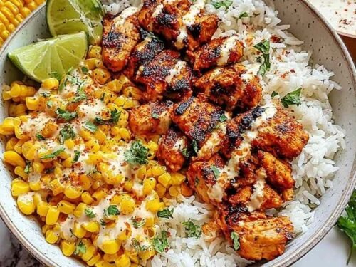 Street corn chicken rice bowl with grilled chicken, charred corn, black beans, cotija cheese and lime crema