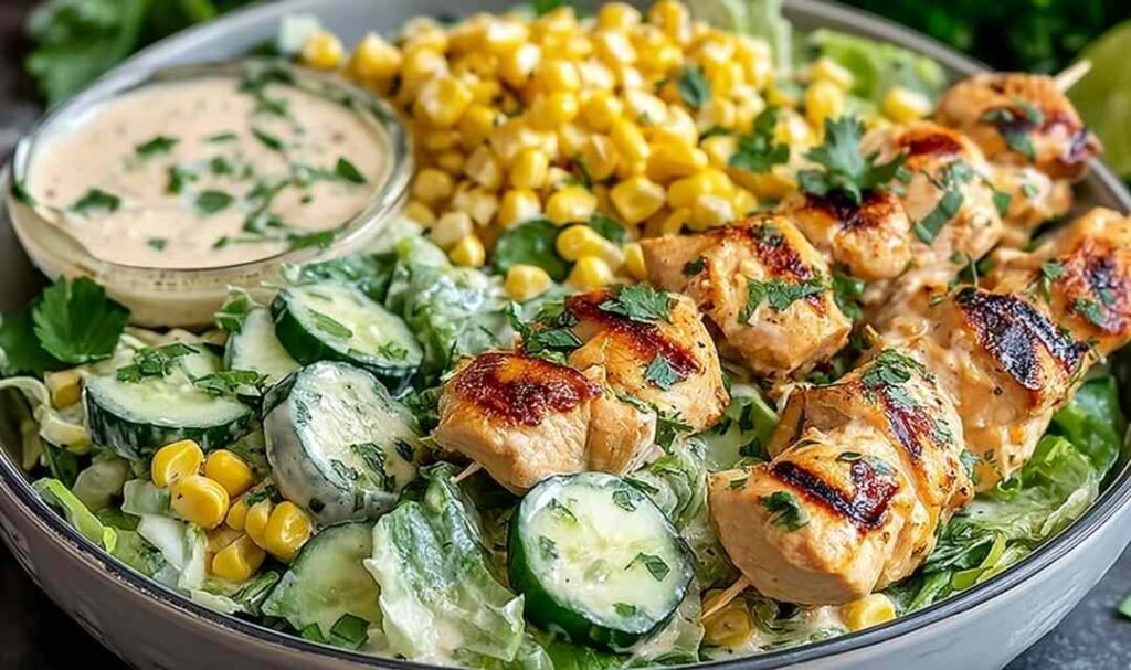 Street corn creamy cucumber chicken salad in a white bowl with feta cheese and fresh cilantro