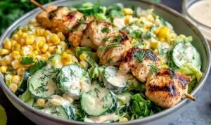 Street Corn Creamy Cucumber Chicken Salad Street corn creamy cucumber chicken salad in a white bowl with feta cheese and fresh cilantro