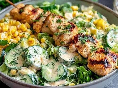Street corn creamy cucumber chicken salad in a white bowl with feta cheese and fresh cilantro