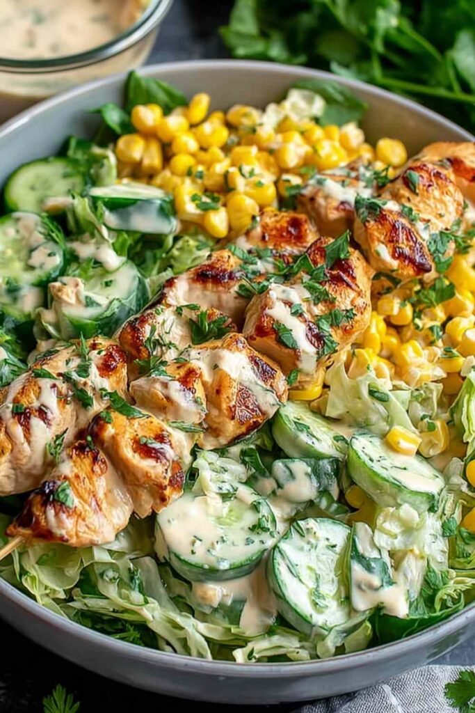 Street corn creamy cucumber chicken salad in a white bowl with feta cheese and fresh cilantro