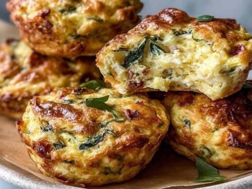 Golden sun dried tomato and spinach egg biscuits with melted mozzarella on a parchment-lined baking sheet fresh from the oven