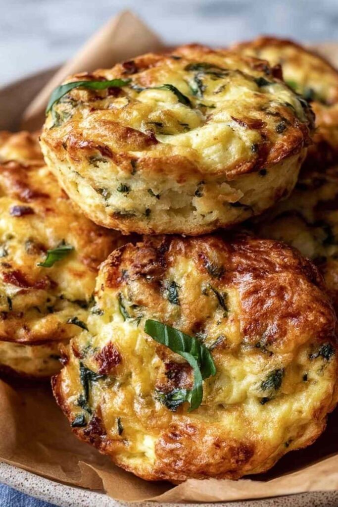 Golden sun dried tomato and spinach egg biscuits with melted mozzarella on a parchment-lined baking sheet fresh from the oven