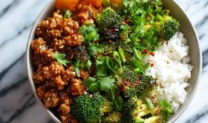 Sweet and spicy ground turkey broccoli bowls with honey sriracha sauce over brown rice