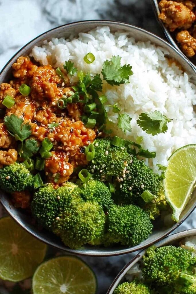 Sweet and spicy ground turkey broccoli bowls with honey sriracha sauce over brown rice