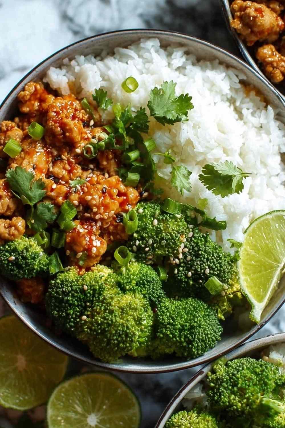 Sweet and spicy ground turkey broccoli bowls with honey sriracha sauce over brown rice