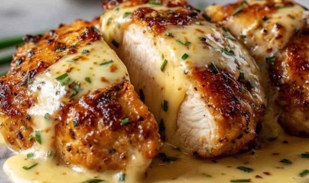 Texas Roadhouse smothered chicken in a slow cooker topped with melted Monterey Jack and mozzarella cheese and chopped green onions