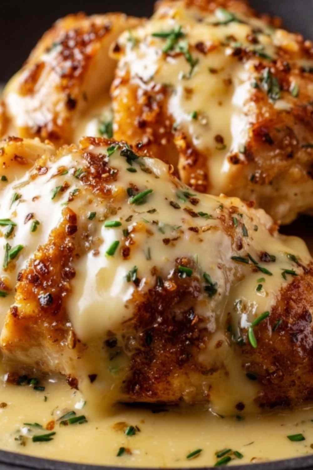 Texas Roadhouse smothered chicken in a slow cooker topped with melted Monterey Jack and mozzarella cheese and chopped green onions