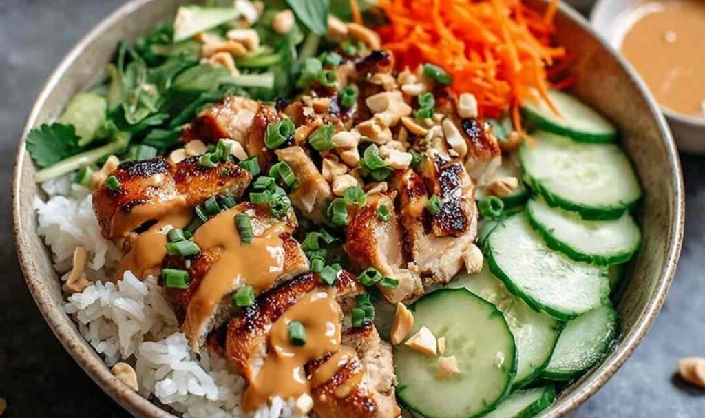 Thai peanut chicken buddha bowl with golden seared chicken breast strips, julienned carrots, cucumber, edamame, and creamy peanut sauce over brown rice
