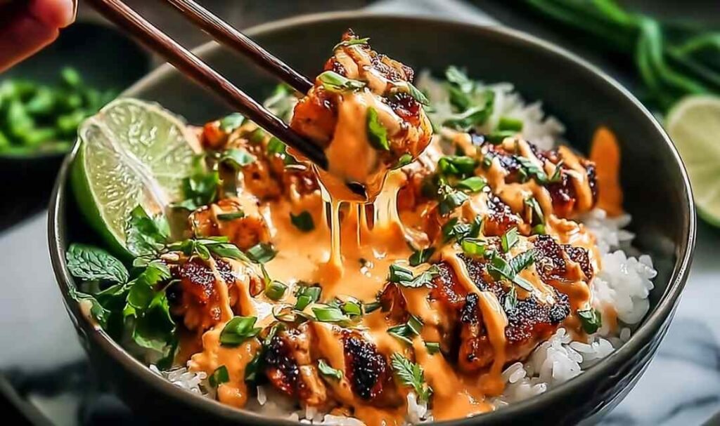 Sweet chili chicken bowl with coconut lime drizzle over jasmine rice with sesame seeds and lime wedge