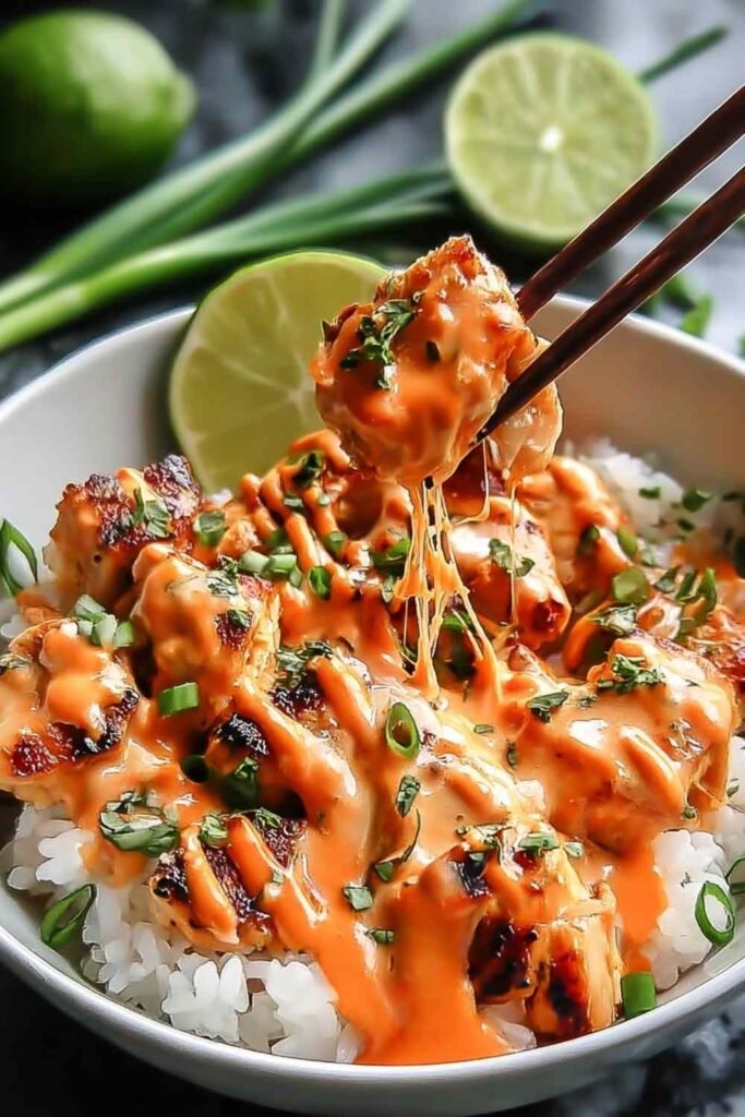 Sweet chili chicken bowl with coconut lime drizzle over jasmine rice with sesame seeds and lime wedge