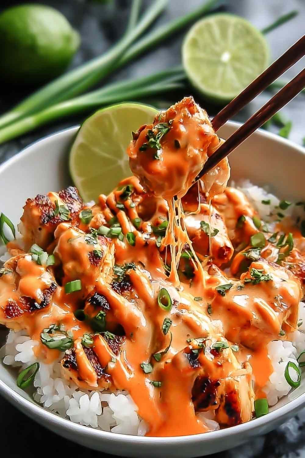Sweet chili chicken bowl with coconut lime drizzle over jasmine rice with sesame seeds and lime wedge