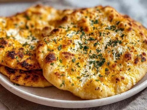 Golden-edged viral cottage cheese flatbread on a parchment-lined baking sheet just out of the oven with a matte fully set surface