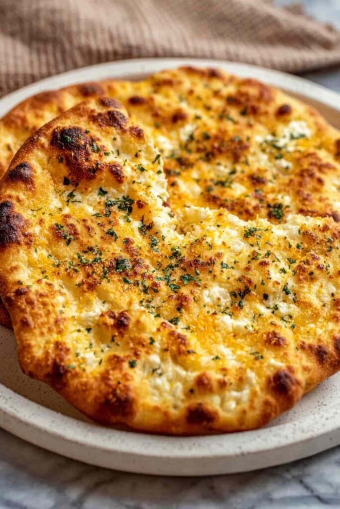 Golden-edged viral cottage cheese flatbread on a parchment-lined baking sheet just out of the oven with a matte fully set surface