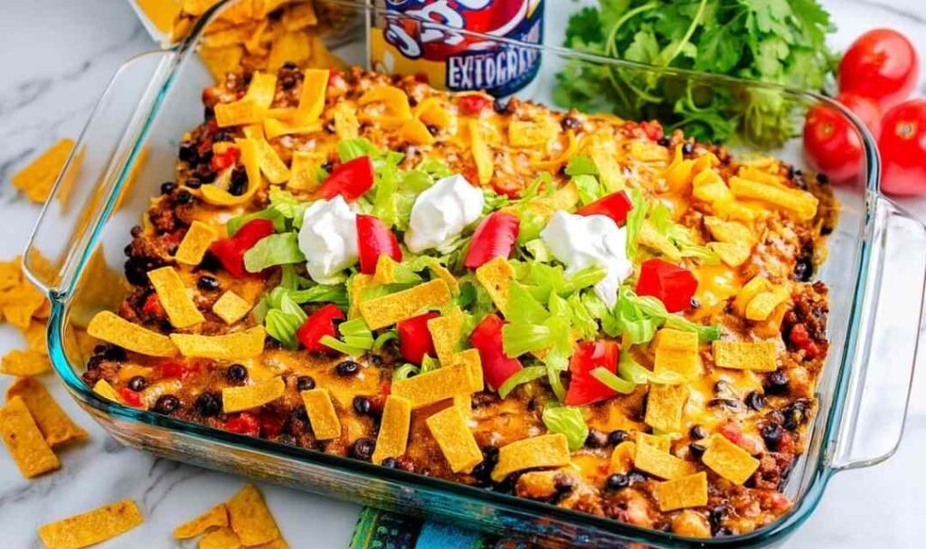 Walking Taco Casserole fresh from the oven in a 13x9 baking dish with melted Mexican cheese bubbling over seasoned ground beef, black beans, and crispy Frito corn chips