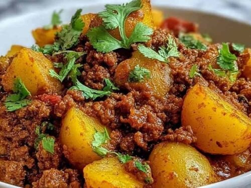 Aloo Keema recipe with spiced ground beef and diced potatoes garnished with fresh cilantro in a wide skillet