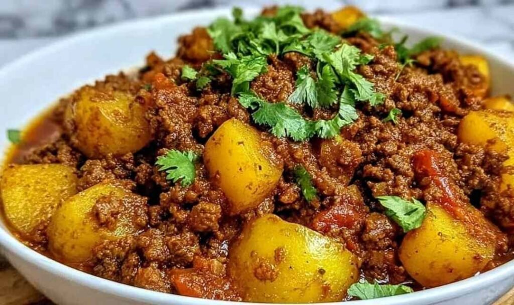 Aloo Keema recipe with spiced ground beef and diced potatoes garnished with fresh cilantro in a wide skillet