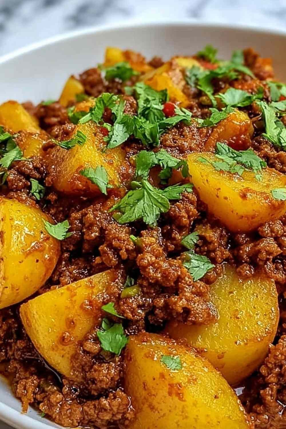 Aloo Keema recipe with spiced ground beef and diced potatoes garnished with fresh cilantro in a wide skillet