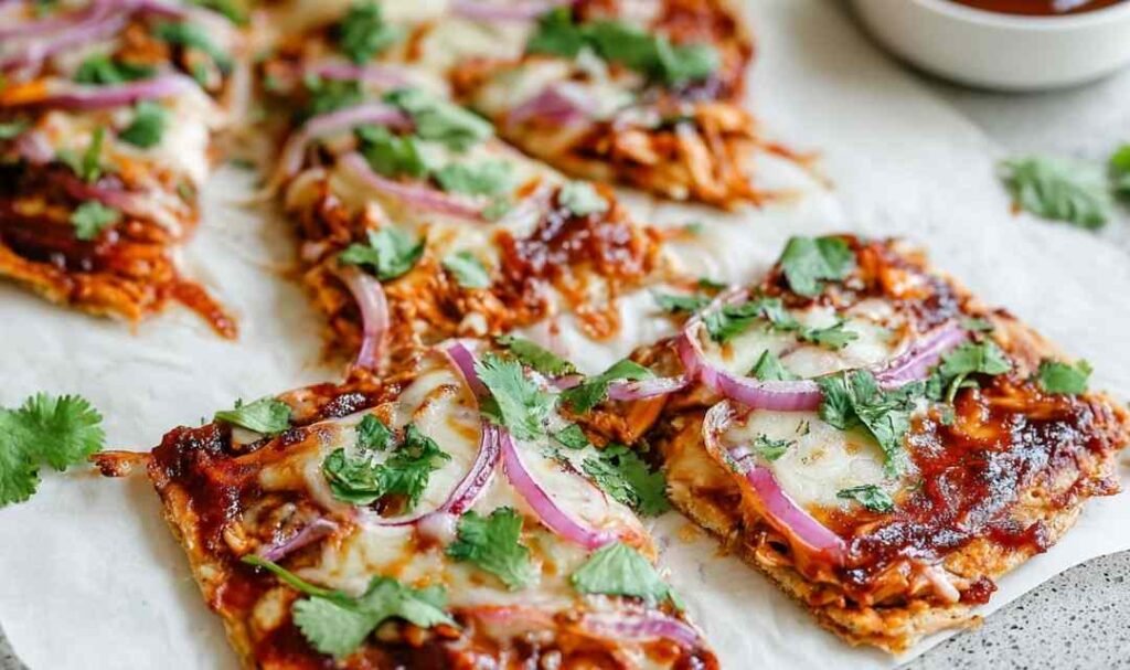 Freshly baked BBQ chicken crust pizza on a parchment-lined baking sheet, topped with melted mozzarella, crispy bacon, and red onion