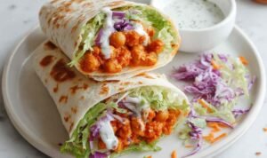 Sliced buffalo chickpea wrap on a white plate showing spicy chickpea filling, shredded lettuce, tomatoes, red onion, and yogurt lemon dressing