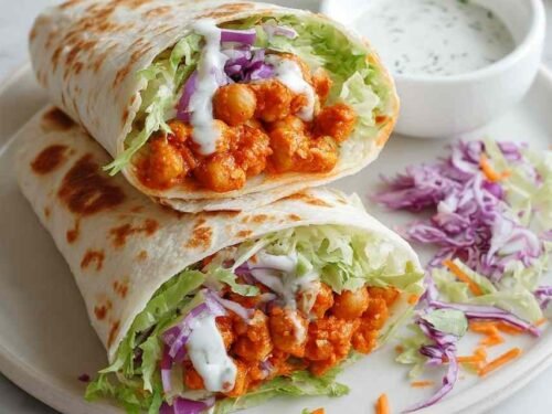 Sliced buffalo chickpea wrap on a white plate showing spicy chickpea filling, shredded lettuce, tomatoes, red onion, and yogurt lemon dressing