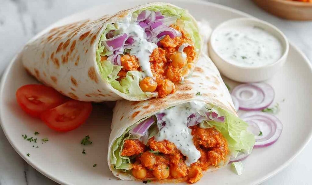 Sliced buffalo chickpea wrap on a white plate showing spicy chickpea filling, shredded lettuce, tomatoes, red onion, and yogurt lemon dressing