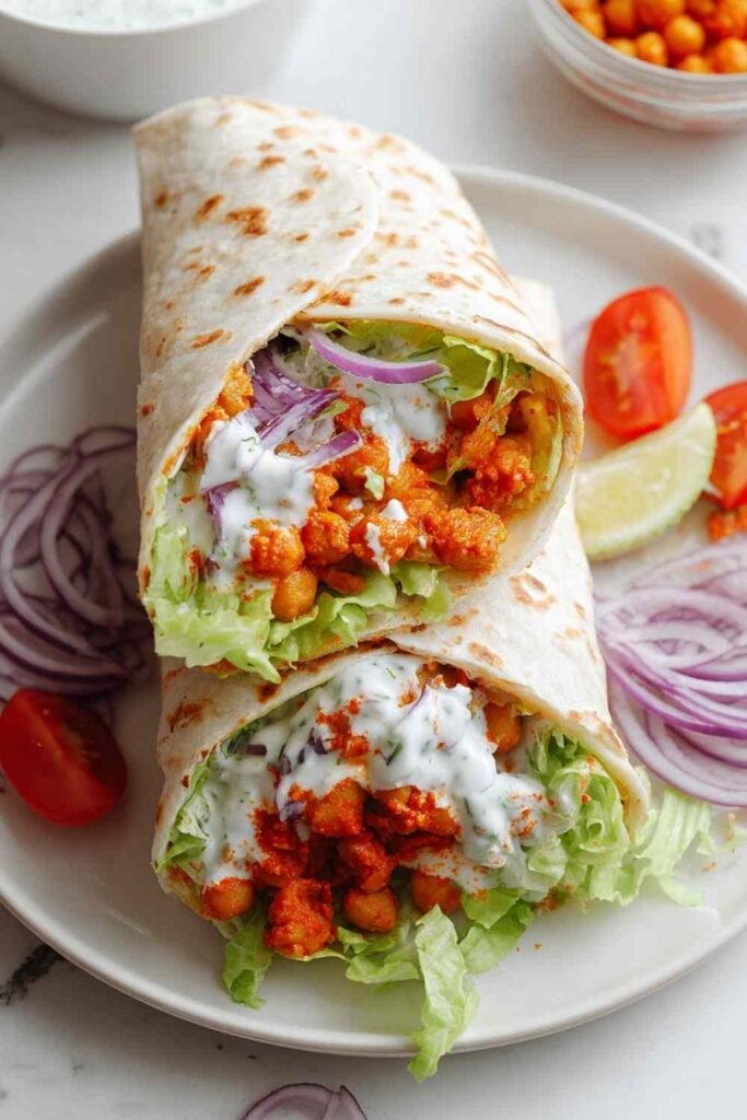 Sliced buffalo chickpea wrap on a white plate showing spicy chickpea filling, shredded lettuce, tomatoes, red onion, and yogurt lemon dressing
