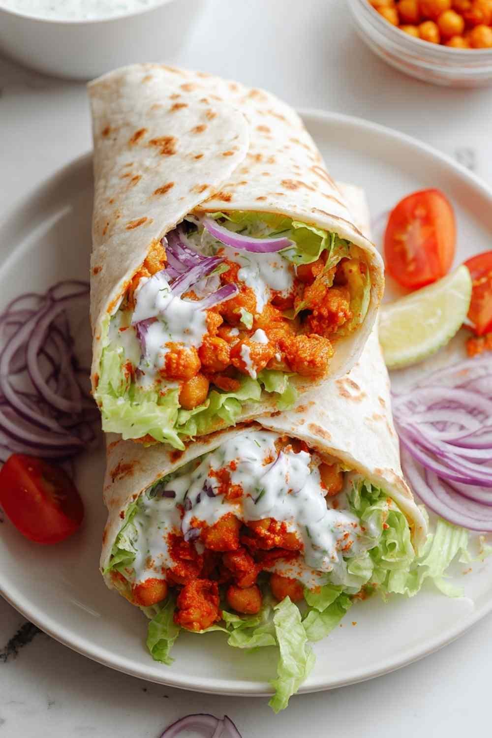 Sliced buffalo chickpea wrap on a white plate showing spicy chickpea filling, shredded lettuce, tomatoes, red onion, and yogurt lemon dressing