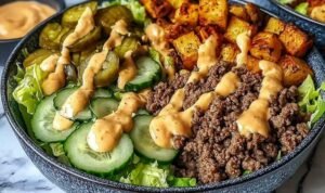 Burger Bowls Burger bowls with crispy potato wedges, seasoned ground beef, shredded lettuce, cheese, and homemade burger sauce