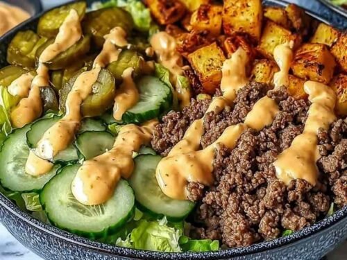 Burger bowls with crispy potato wedges, seasoned ground beef, shredded lettuce, cheese, and homemade burger sauce