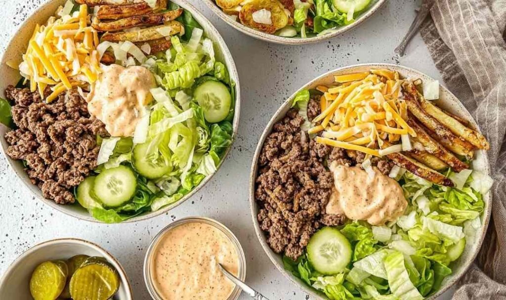 Overhead view of burger bowls with crispy potato chips, seasoned ground beef, shredded lettuce, cheese, pickles, and special sauce drizzle