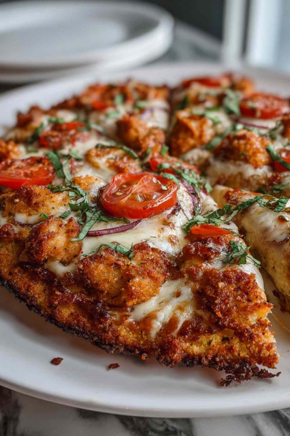 Golden chicken crust pizza topped with melted mozzarella, fresh tomato slices, and basil on a parchment-lined baking pan