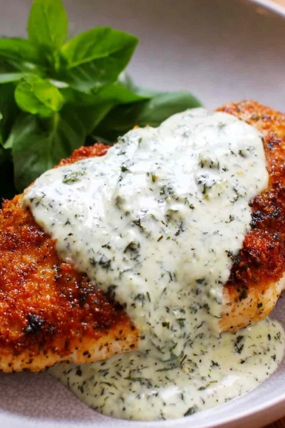 Breaded chicken cutlets being pan-seared in butter for Chicken in Basil Cream Sauce, golden and crispy in a large stainless steel skillet