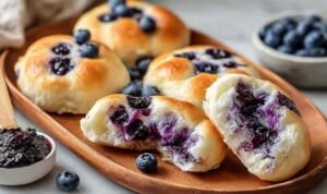 Golden Cottage Cheese Blueberry Cloud Bread rounds on a parchment-lined baking sheet fresh from the oven puffed and firm