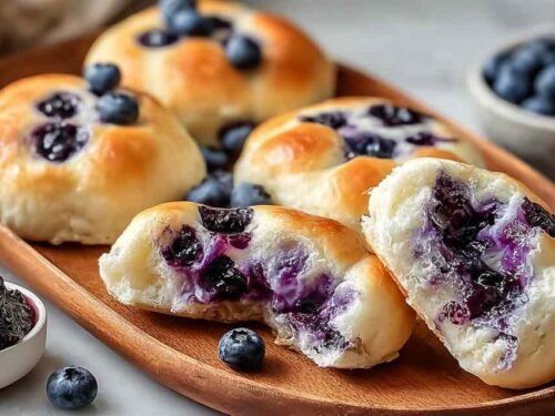 Golden Cottage Cheese Blueberry Cloud Bread rounds on a parchment-lined baking sheet fresh from the oven puffed and firm