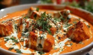 Halloumi Makhani Creamy halloumi makhani in a skillet with golden pan-fried halloumi in spiced tomato cream sauce garnished with cilantro