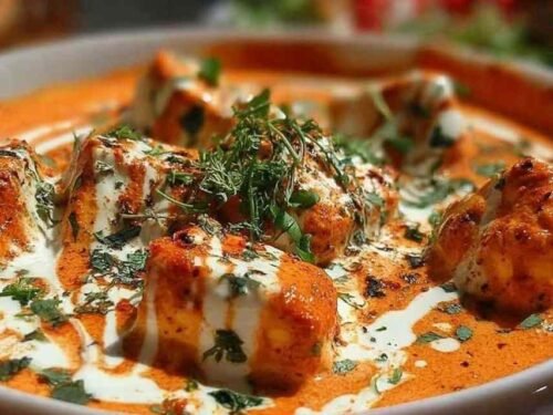 Creamy halloumi makhani in a skillet with golden pan-fried halloumi in spiced tomato cream sauce garnished with cilantro