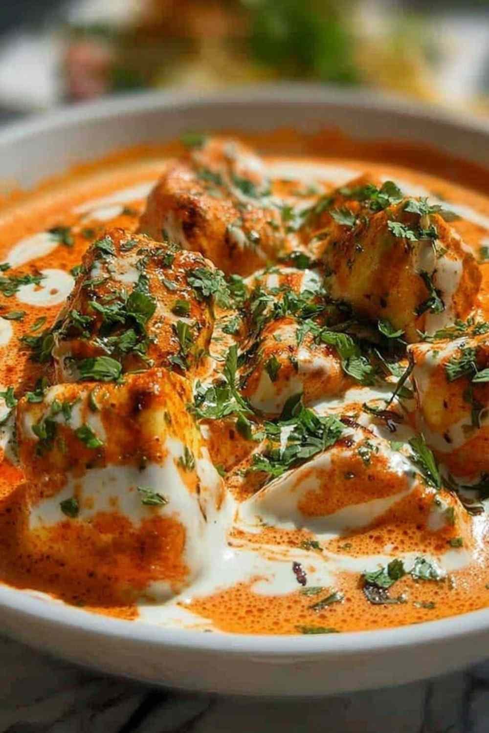 Creamy halloumi makhani in a skillet with golden pan-fried halloumi in spiced tomato cream sauce garnished with cilantro