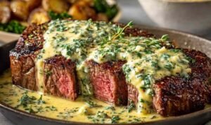 Garlic butter steak with Parmesan cream sauce on a white plate with fresh parsley