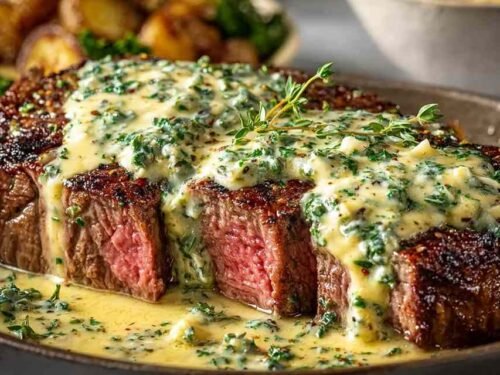 Garlic butter steak with Parmesan cream sauce on a white plate with fresh parsley