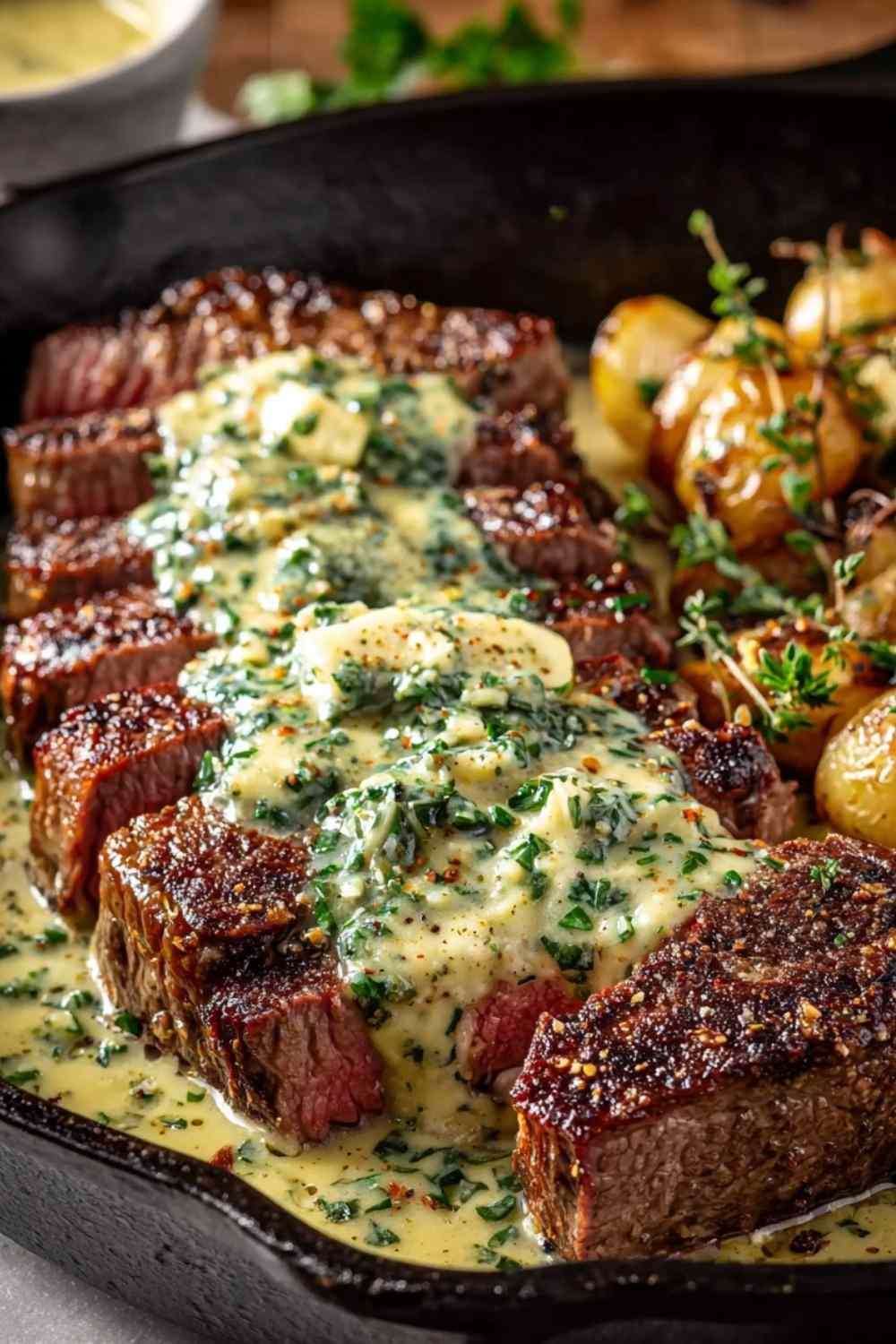 Garlic butter steak with Parmesan cream sauce on a white plate with fresh parsley